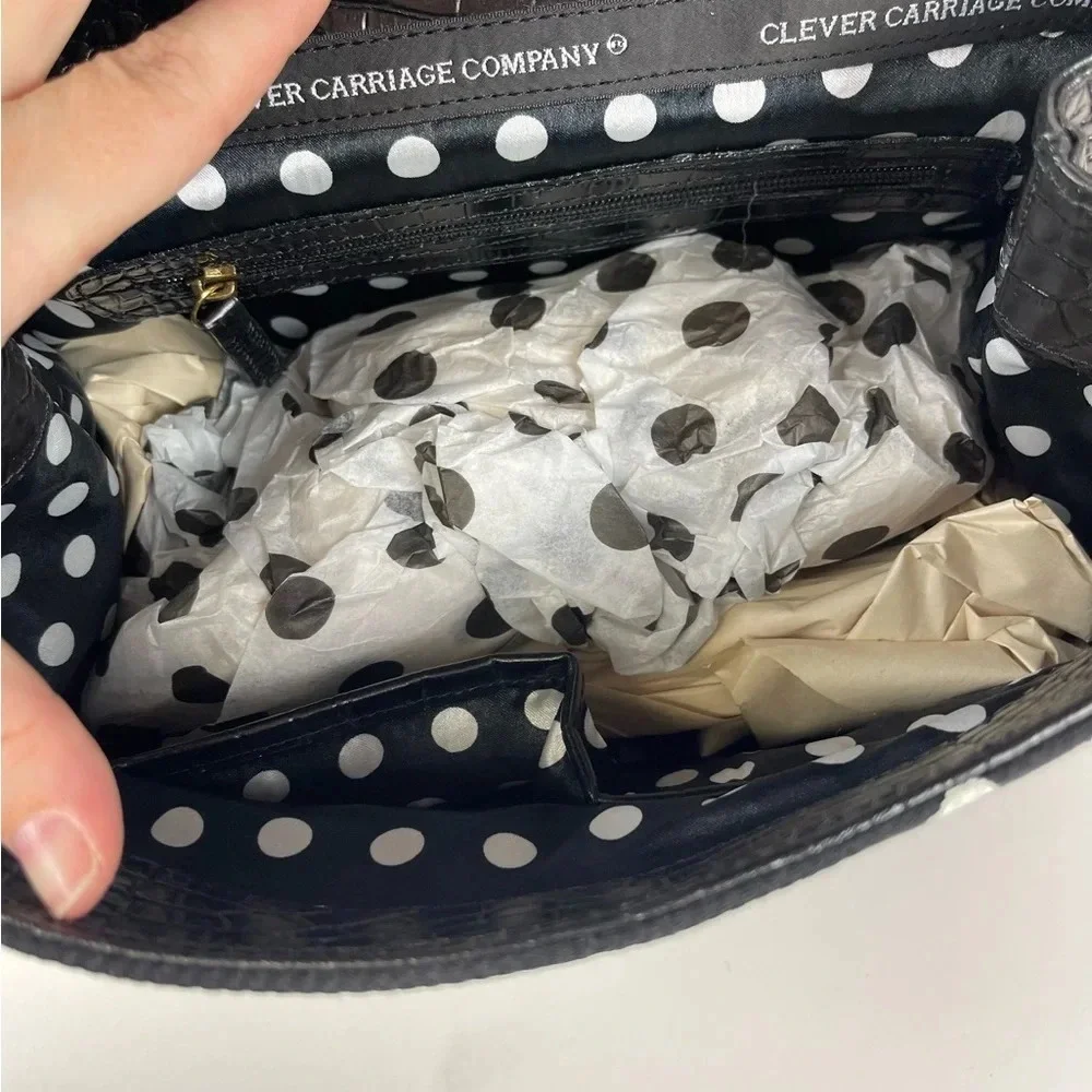 Clever Carriage Company Satchel Rose Embroidered Purse Polka Dot Dust Bag Black